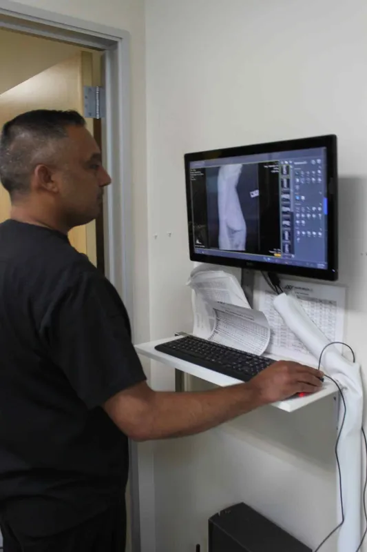 Veterinarian examining digital X-ray of a pet leg at Animal Medical Center of Pleasanton.